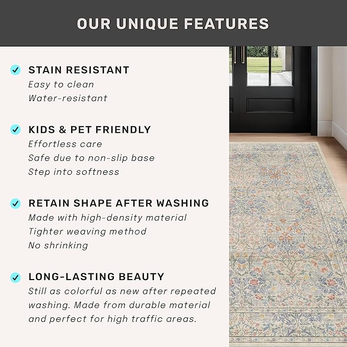 Hazo Haus Vintage Washable Beige Blue Area Rugs for Bedroom Under Bed, Living Room, Nursery, Kitchen, Entryway, Low Pile Non Slip Stain Resistance Distressed Retro Indoor (Beige Blue, 4 x 6)