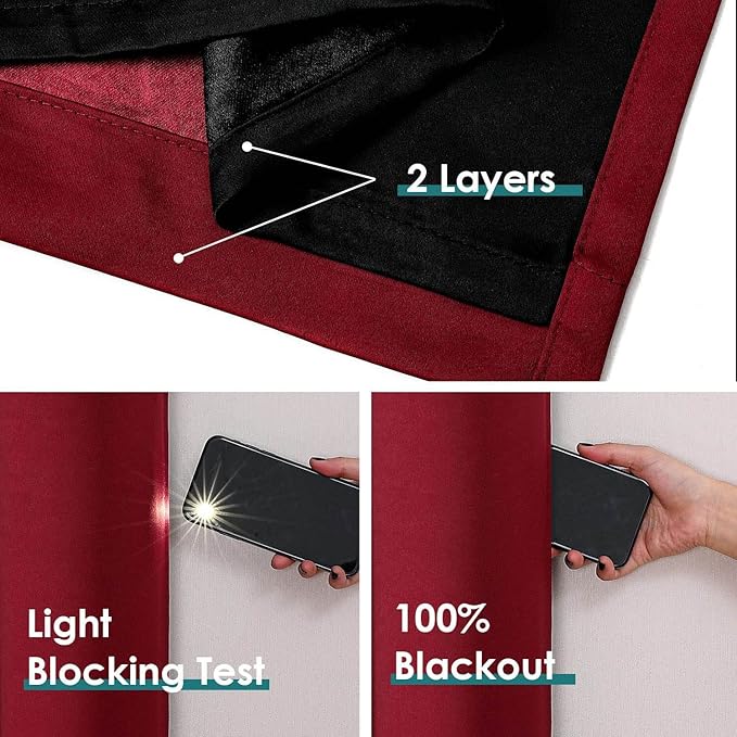 ChrisDowa 100% Blackout Curtains for Bedroom with Black Liner, 2 Thick Layers Total Blackout Thermal Insulated Grommet Window Curtains 2 Panels Set (Burgundy, 52 x 72 Inch)