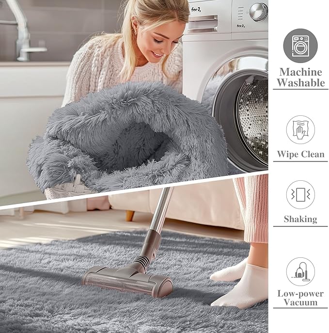 OLANLY 8x8 Machine Washable Large Area Rugs for Living Room, Bedroom, Soft Fluffy Shaggy Bedside Rug, Indoor Floor Carpet for Kids Girls and Boys, Dorms, Nursery, Home Decor Aesthetic, Light Grey