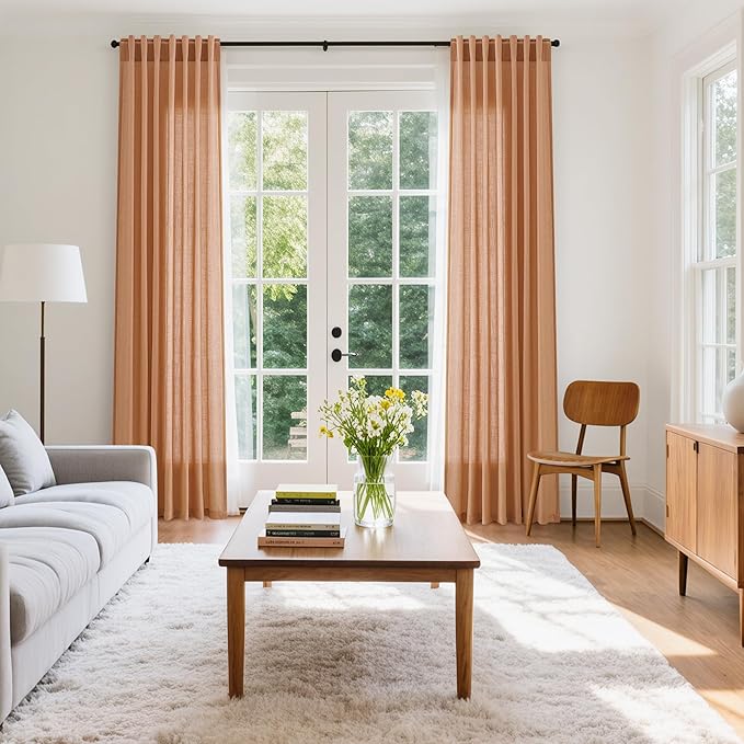 Peach Quartz Linen Curtains 102 Inch Length 2 Panels Back Tab Rod Pocket Semi Sheer Light Filtering Curtains Burlap High Window Living Room Neutral Farmhouse Decor for High Ceiling Spaces 52x102