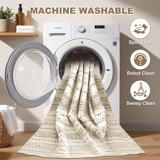 Nakagishi 12x15 Area Rugs Living Room: Washable Boho Large Neutral Modern Soft Farmhouse Rug Stain Resistant Indoor Non-Slip Accent Carpet for Bedroom Nursery Kids Playroom Office Dining Room- Brown