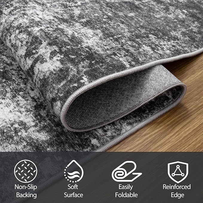 5x7 Area Rugs for Living Room Rug Washable: Abstract Rug for Dining Room Bedroom Carpet Non Slip 5 by 7 Indoor Modern Nursery Home Office Black Grey