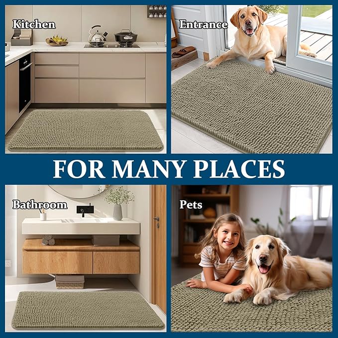 OLANLY Dog Door Mat for Muddy Paws 59x20, Absorbs Moisture and Dirt, Absorbent Non-Slip Washable Doormat, Quick Dry Chenille Mud Mat, Entry Indoor Entryway Carpet for Inside Floor, Warm Taupe