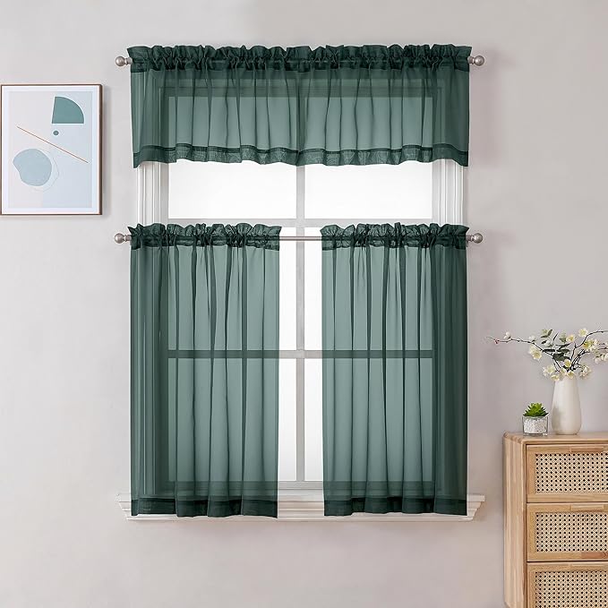 Chyhomenyc Hunter Green Sheer Valances for Windows - Light Filtering Small Kitchen Curtains, Rod Pocket Short Top Window Treatment Decor for Living Room Bathroom Basement, 42Wx16L inches, 2 Panels