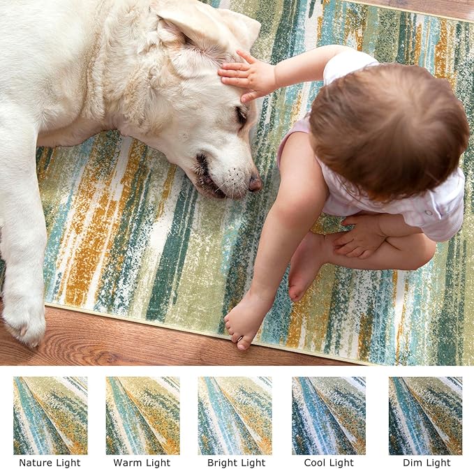 Lansny Modern Abstract Runner Rug 2.6x14, Green Mustard Multi Washable Long Kitchen Runner Non-Slip Soft Hallway Rug Runner Thin Print Faux Wool Carpet for Entryway Bedroom Laundry Room Indoor