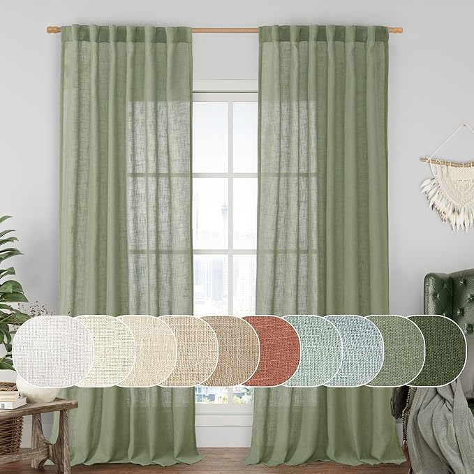 LAMIT 95 Inches Long Sage Green Linen Curtains for Living Room, Back Tab and Rod Pocket Linen Textured Curtains Light Filtering Boho Drapes for Bedroom/Dining Room, Set of 2, 52 x 95 Inch