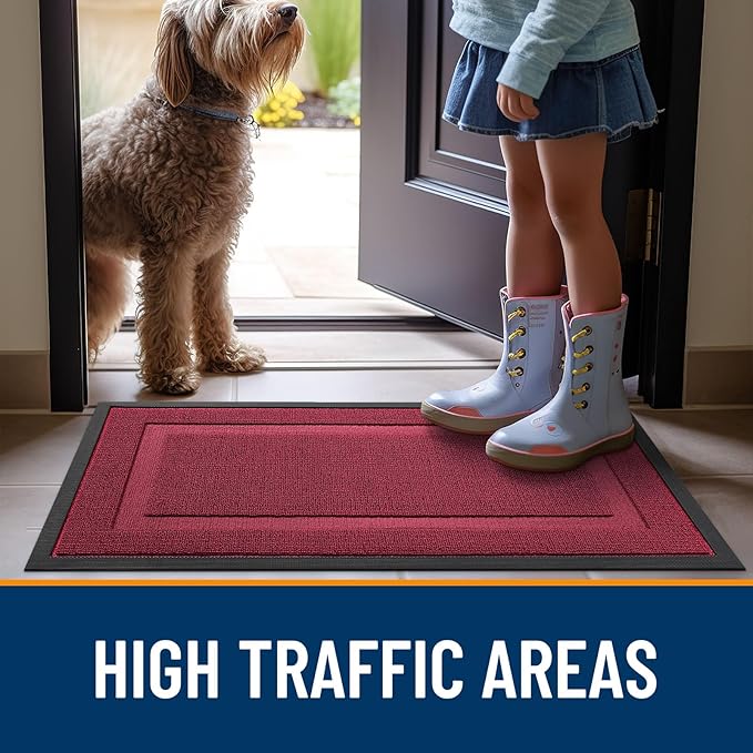 OLANLY Front Door Mat Indoor Outdoor Entrance, Waterproof All-Season, All-Weather Doormat, Sturdy Natural Rubber, Low Profile, Easy Clean Patio Porch Entryway Mat, 47x32, Burgundy
