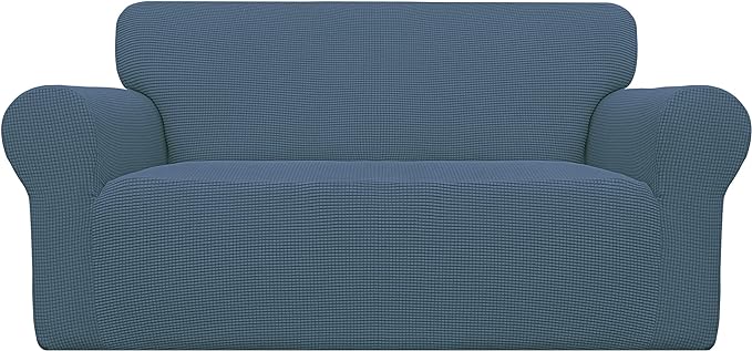 Easy-Going Stretch Loveseat Slipcover 1-Piece Sofa Cover Furniture Protector Couch Soft with Elastic Bottom for Kids Polyester Spandex Jacquard Fabric Small Checks (Loveseat, Bluestone)