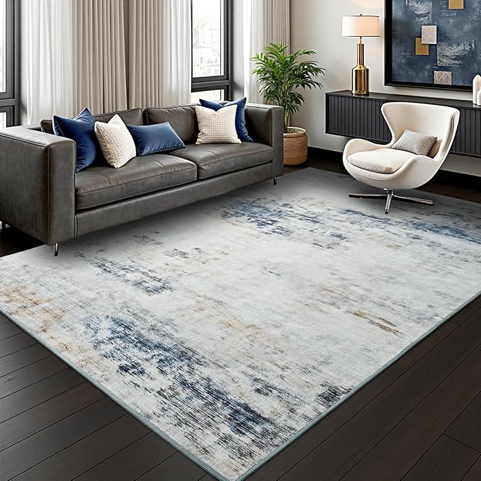 Toneed Abstract Area Rug 6x9 Modern Washable Rug Soft Non Slip Rug Low Pile for Bedroom Living Room Dining Room Blue/White