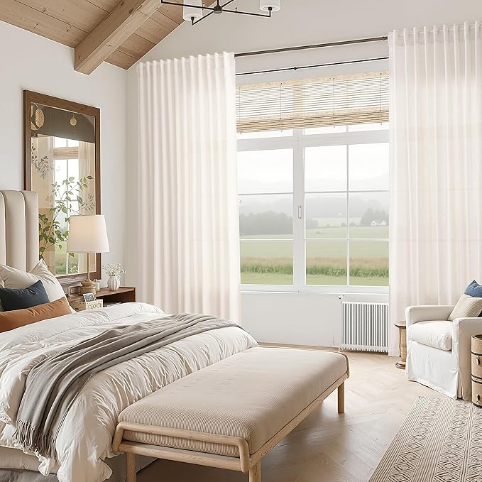 Semi Sheer Linen Curtains 120 Inches for Living Room Sets Back Tab Flax Textured Natural Ivory White Extra Long Curtain Privacy Chic Light Filtering High Window Drapes Bedroom 52X120,2 Panel