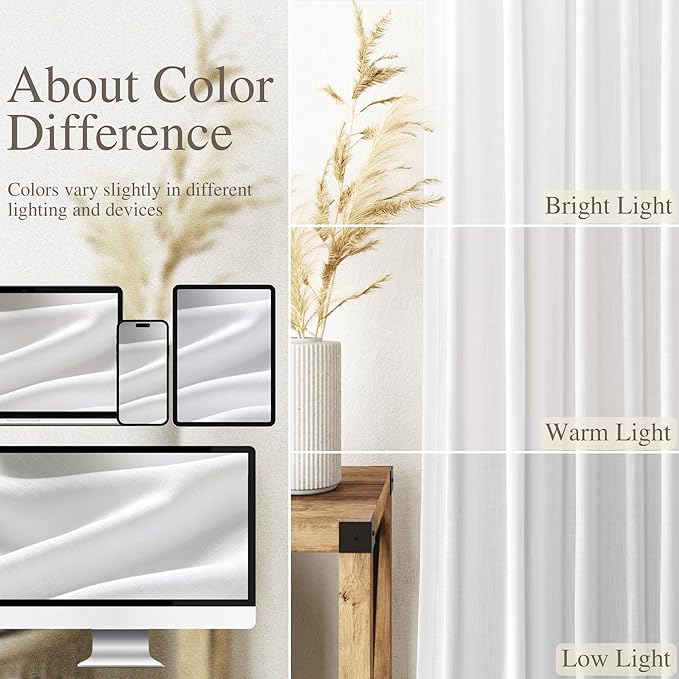 Pure White Curtains 38 x 96 inch Length 2 Panels Back Tab Sheer Linen Curtain Modern Farmhouse Boho Coastal Decor Cotton Textured Gauze Curtains 96 inches long for Sitting Room Office Bedroom