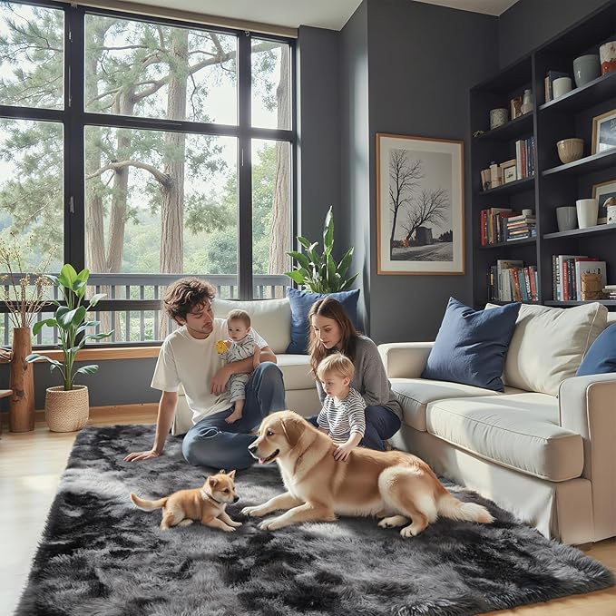 Area Rugs 9x12 Living Room, Large Area Rug Shag Shaggy Carpet Soft Plush Furry Bedside Rug, Machine Washable Area Rugs for Bedroom Kids Girls Boys Anti Slip(9 x 12, Dark Grey Tie-Dyed)