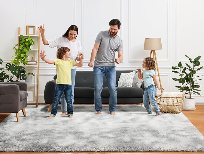 ONASAR Area Rugs 9x12 Living Room, Tie-Dyed Light Grey Large Fluffy Bedroom Rug, Soft Plush Thick Shaggy Big Floor Carpet for Kids Boy Girls Teen Dorm Nursery Indoor Home Decor Aesthetic