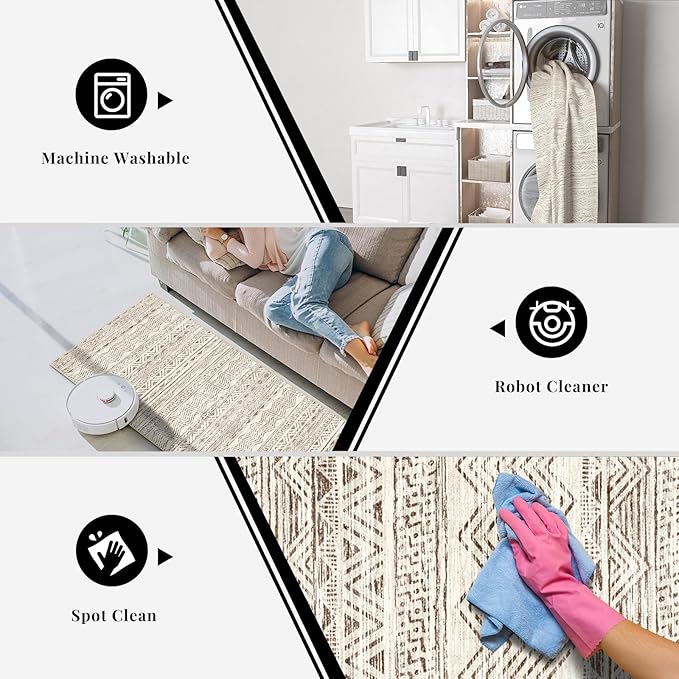 4x12 Washable Hallway Runner Rug：Moroccan Non-Slip Wide Runners for Entryway Kitchen Soft Modern Geometric Low-Pile Rugs for Living Room Thin Waterproof Carpet for Bedroom Bathroom Laundry(Beige,4x12)
