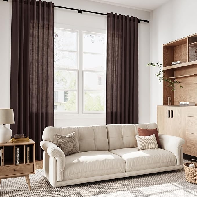 Extra Long Curtains 102 Inches Long for Bedroom Living Room Coffee Brown Back Tab Rod Pocket Light Filtering Semi Sheer Drapes Cotton Linen Textured 102 Inch Length for Dinning Room,2 Panels