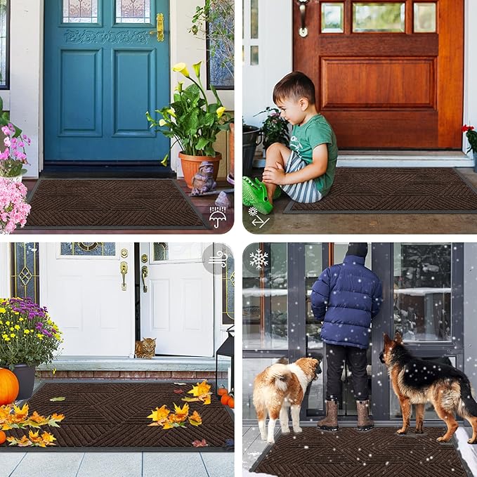 Smiry Front Door Mat Outside Entrance, Heavy Duty Sturdy Natural Rubber Doormat, Trap Dirt and Moisture, Easy Clean Low Profile Mats for Indoor Outdoor Entry, Irregular Triangle (47x32, Dark Brown)