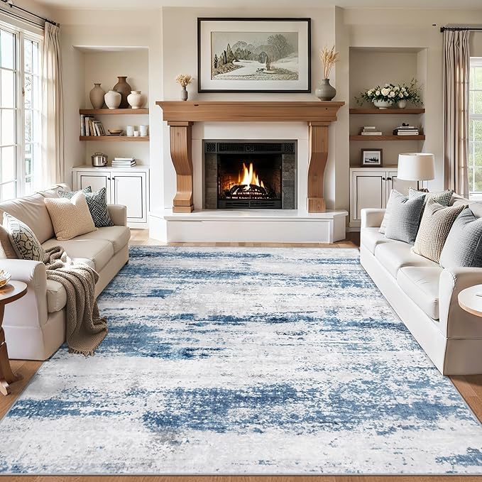 8x10 Area Rugs for Living Room - Washable Rug Modern Abstract Soft Large Neutral Non-Slip Carpet Indoor Floor Thin Carpets for Bedroom Dining Room Farmhouse Nursery Home Office White Blue Grey