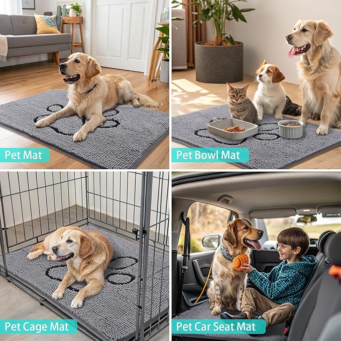 Smiry Dog Door Mat for Muddy Paws, Absorbent Dirt Trapper Non Slip Quick Dry Washable Chenille Mat for Mud Dogs, Entry Rug for Indoor and Outdoor (59x32 Inches, Grey and Black)
