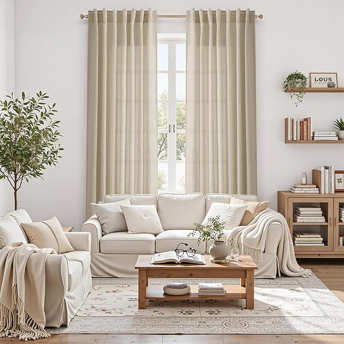 Nanspring Eggshell Beige Curtains for Living Room 72 Inches Long Linen Blend Luxury Light Filtering Semi Sheer Curtain Back Tab Rustic Decor Neutral Elegant Drapes for Bedroom Office 52x72, 2 Panels