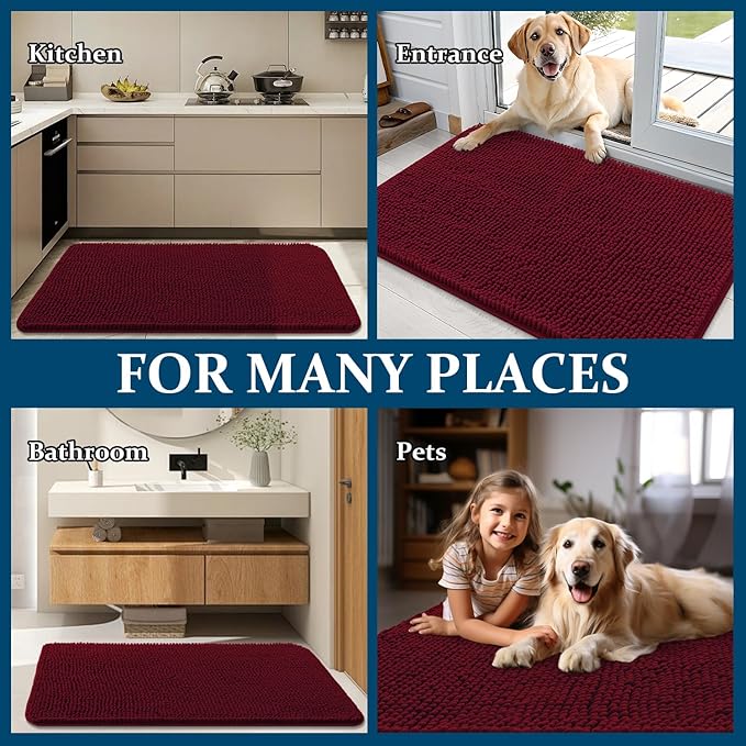 OLANLY Dog Door Mat for Muddy Paws 34x21, Absorbs Moisture and Dirt, Absorbent Non-Slip Washable Doormat, Quick Dry Chenille Mud Mat for Dogs, Entry Indoor Entryway Carpet for Inside Floor, Burgundy