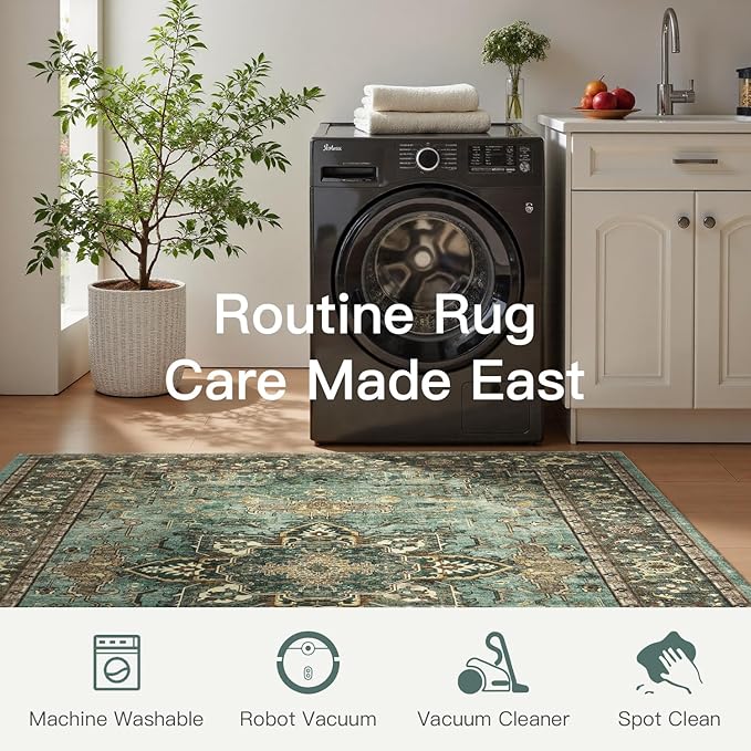 Lofus 9x12 Area Rugs for Living Room, Washable Area Rug, Rugs for Bedroom, Kitchen, Vintage Boho Carpet, Soft Non-Slip, Low Pile Large Area Rug for Office Dining Room, Green