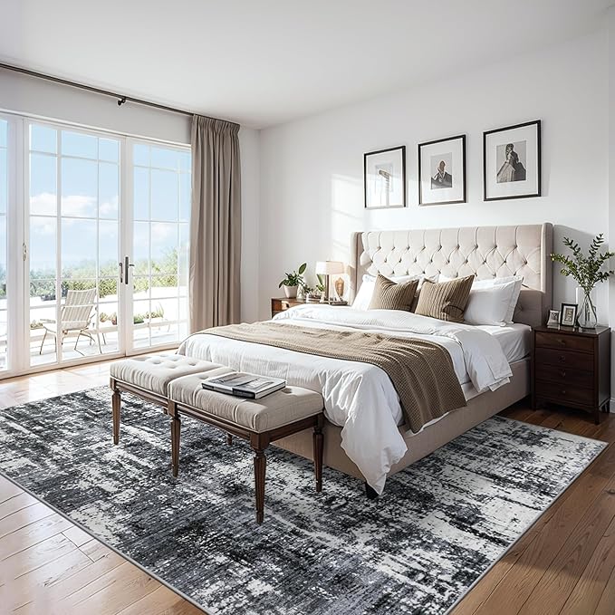Area Rugs Living Room Rug - 4x6 Washable Modern Abstract Soft Neutral Non-Slip Carpet Large Indoor Floor Thin Carpets for Bedroom Dining Room Farmhouse Nursery Home Office Black