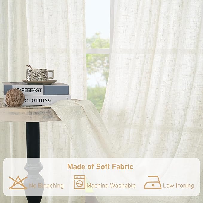 LAMIT Cream Linen Curtains 90 Inch for Living Room, Back Tab and Rod Pocket Linen Textured Boho Curtains Light Filtering Rustic Drapes for Bedroom/Dining Room, Set of 2, 52 x 90 Inch