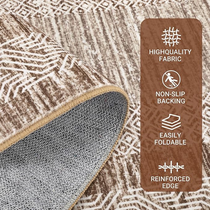 Washable 2.5x10 Kitchen Runner Rug, Easy Clean Geometri Rugs for Hallway Entryway, Indoor Outdoor Non Slip Rug Farmhouse Morden Carpet Door Mat Area Rug for Laundry Room Brown