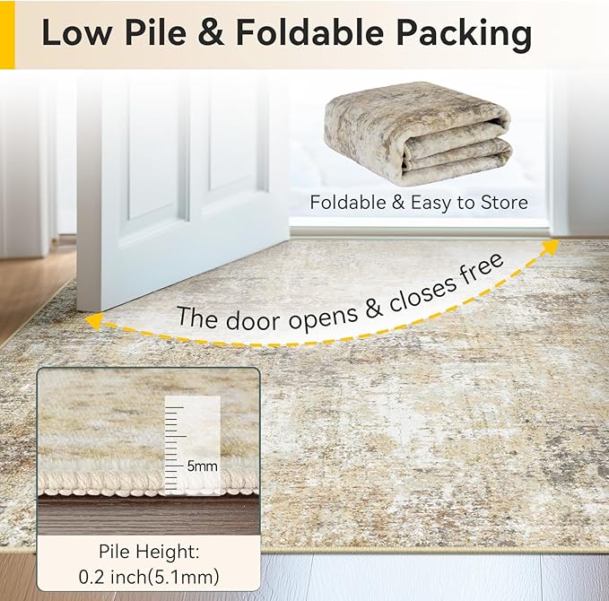 Washable Area Rugs 5'x7' Non-Slip Modern Abstract Soft for Living Room Entryway Bedroom Nursery, Print Pattern, Neutral Brown Gray