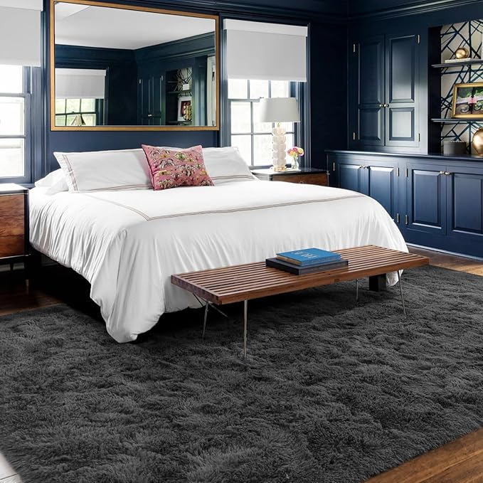 8x10 Ft Extra Large Shag Rugs for Living Room, Ultra Soft Fluffy Furry Area Rugs for Bedroom Indoor Floor, Aesthetic Carpet for Kids Home Decor (Dark Grey)