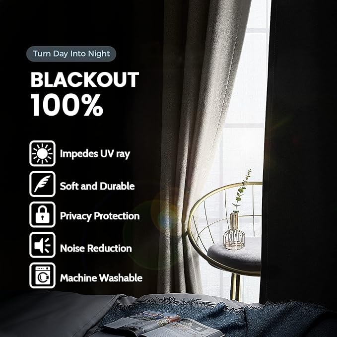 SimpleHome 100% Blackout Curtains for Bedroom,Thermal Insulated Natural Grommet Window Drapes Room Darkening Curtains for Living Room with Black Back,52 x 84 Inch,2 Panels