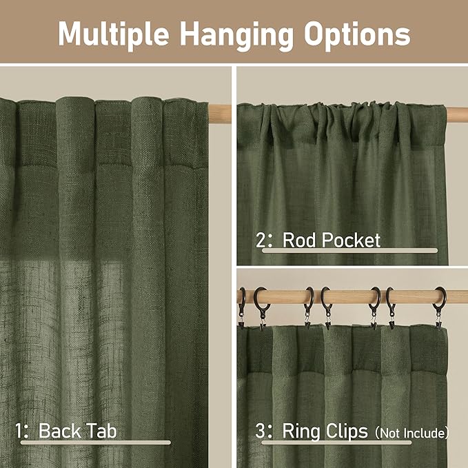 LAMIT Linen Semi Sheer Curtains 96 inches Long 2 Panels Set, Light Filtering Panels Back Tab and Rod Pocket Floor to Ceiling Curtains for Bedroom/Living Room, Olive Green, 52 x 96 Inch