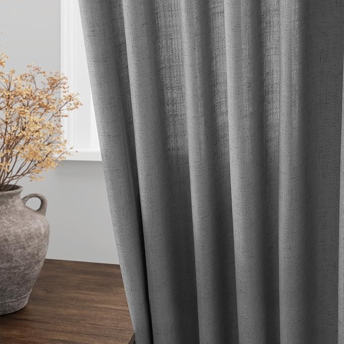 Dark Grey Linen Curtains 90 Inch Length 2 Panel Set for Living Room Light Filtering Elegant Farmhouse Curtain Rod Pocket Back Tab Window Drapes 90 Inches Long for Dining Room Bedroom Nursery 52x90