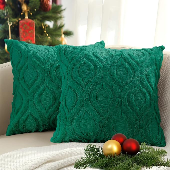 decorUhome Throw Pillow Covers 20x20 Inch Set of 2, Soft Plush Faux Wool Green Solid Couch Pillow Covers, Accent Farmhouse Neutral Square Pillow Cases for Sofa Bed Living Room
