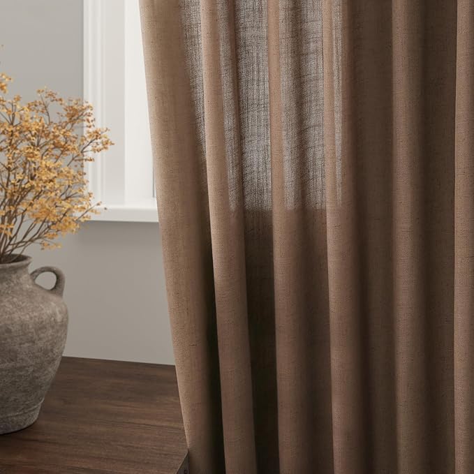 Extra Long Caramel Brown Linen Curtain 108 Inches Long 2 Panels Set Back Tab Linen Drapes for Living Room Modern Farmhouse Light Filtering Semi Sheer Curtains 108 Inch Length for Big Window 52x108