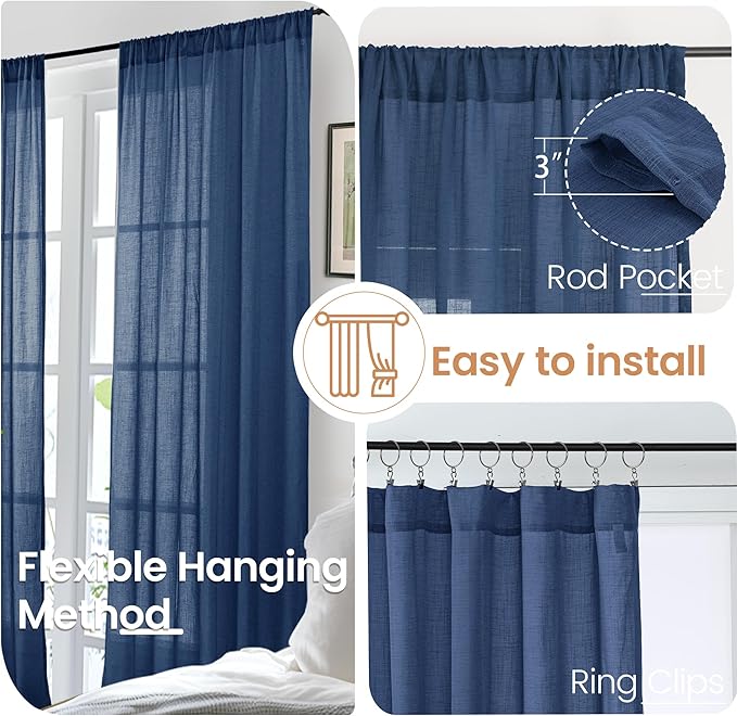 BGment Short Navy Blue Semi Sheer Curtains 40 Inch Length for Windows, Linen Small Drapes Light Filtering for Bathroom Cafe Decor with Rod Pocket Lightweight, 2 Panels Set, Each 30 Inch Wide