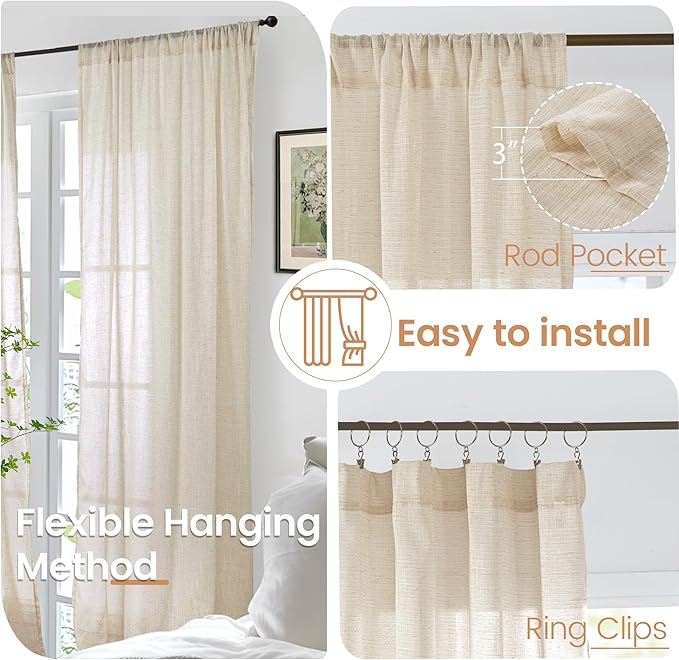 BGment Burlap Linen Semi Sheer Curtains 84 Inch Length for Living Room, Light Filtering Window Drapes with Rod Pocketfor Bedroom Farmhouse Dining Lightweight, 2 Panels Set, 42 Inch Wide Each Panel