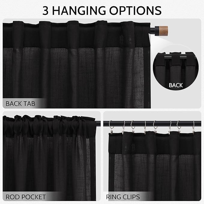 Vintage Black Linen Curtains for Living Room 120 Inches Long Light Filtering Semi Sheer Curtain Back Tab Floor to Ceiling High Window Gothic Vintage Decor Drapes for Bedroom Office 52x120,2 Panels
