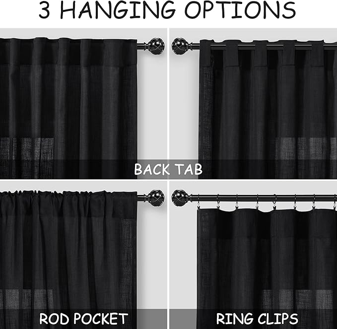 Black Linen Curtains 120 inch Extra Long for Living Room Back Tab Light Filtering Semi Sheer Drapes Modern Farmhouse Muslin Look Decor Cotton Textured Curtain for Floor to Ceiling Window 10 FT