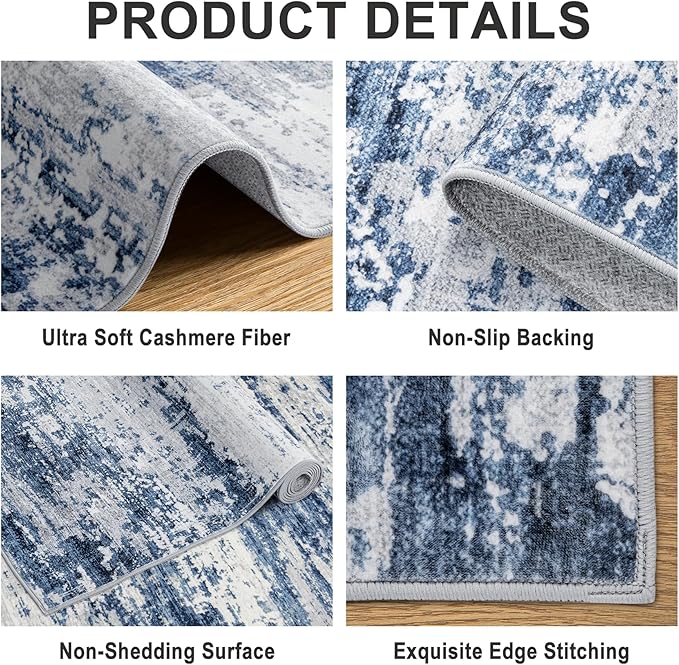 Area Rugs 9x12 Living Room - Washable Rug Modern Abstract Soft Large Neutral Non-Slip Carpet Indoor Floor Thin Carpets for Bedroom Dining Room Farmhouse Nursery Home Office Blue Gray