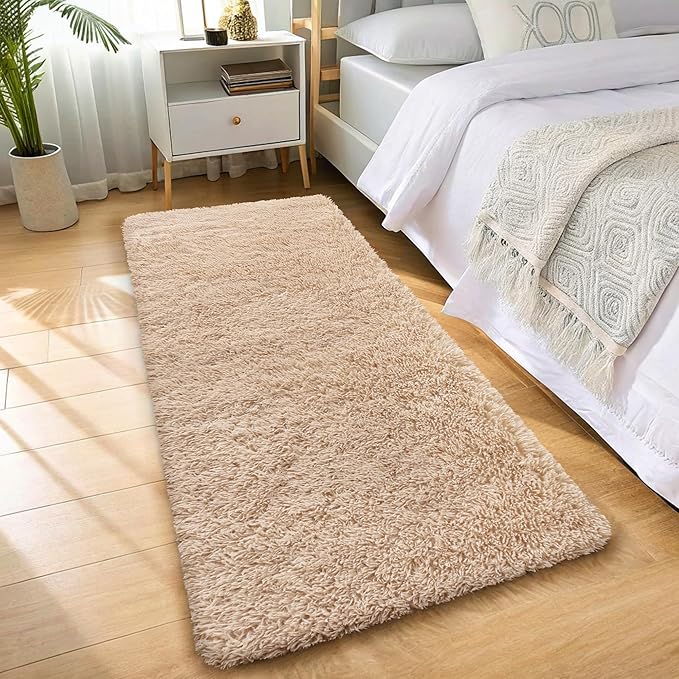 OLANLY 3x7 Machine Washable Runner Rugs for Hallway, Soft Fluffy Shaggy Bedside Rugs for Bedroom, Living Room, Indoor Floor Carpet for Kids Girls and Boys, Nursery Rooms, Home Decor Aesthetic, Beige