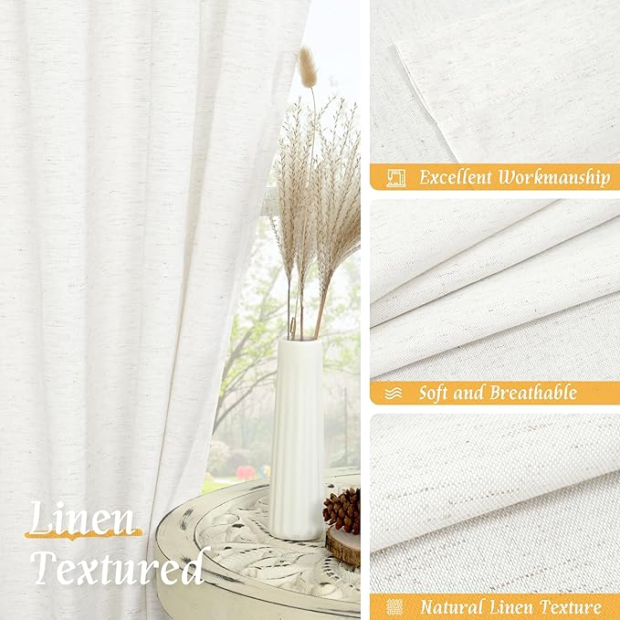 LAMIT Ivory White Linen Curtains 72 inches Long for Living Room, Soft Thick Light Filtering Rod Pocket Privacy Window Treatments Drapes for Bedroom/Dinging Room, 2 Panels Set, 52 x 72 Inch