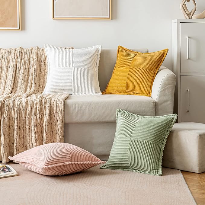 MIULEE Decorative Lumbar Throw Pillow Covers for Couch Bed Livingroom 12x20 Inch Set of 2 White Boho Accent Throw Pllows Broadside Striped Patchwork Soft Corduroy Pillowcases