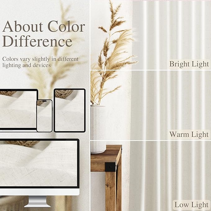 Nanspring Cream Linen Back Tab Curtains 86 Inch Length for Living Room 2 Panel Set Farmhouse Window Semi Sheer Linen Drapes Rustic Pinch Curtain for Bedroom 52X86