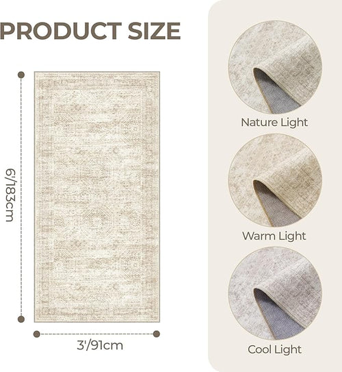 3x6 Runner Rug Non Slip, Thin Entryway Washable Rug for Entryway, Runners for Hallways, Low Pile Vintage Abstract Soft Rugs for Living Room, Kitchen, Bedroom(3'x6', Beige/Ivory)