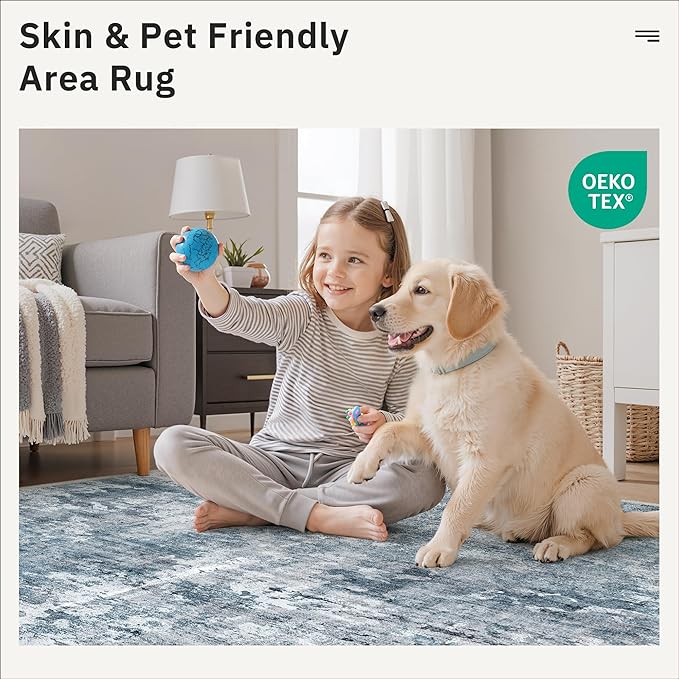 Washable Area Rug 8x12, Large Soft Rugs for Living Room Vintage Blue/Grey Carpet 8x12 Area Rugs for Bedroom Dining Room Non-Slip Stain Resistant Under Table Rug