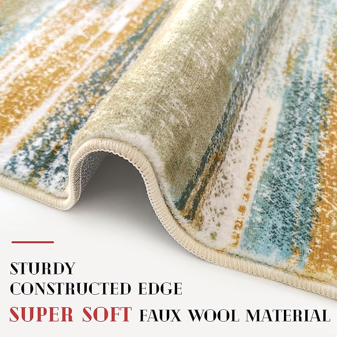 Lansny Modern Abstract 6x9 Machine Washable Living Room Rug Non-Slip Soft Bedroom Area Rug Green Mustard Multi Ultra Thin Print Faux Wool Floor Carpet Throw Rug for Nursery Playroom Dining Room Indoor