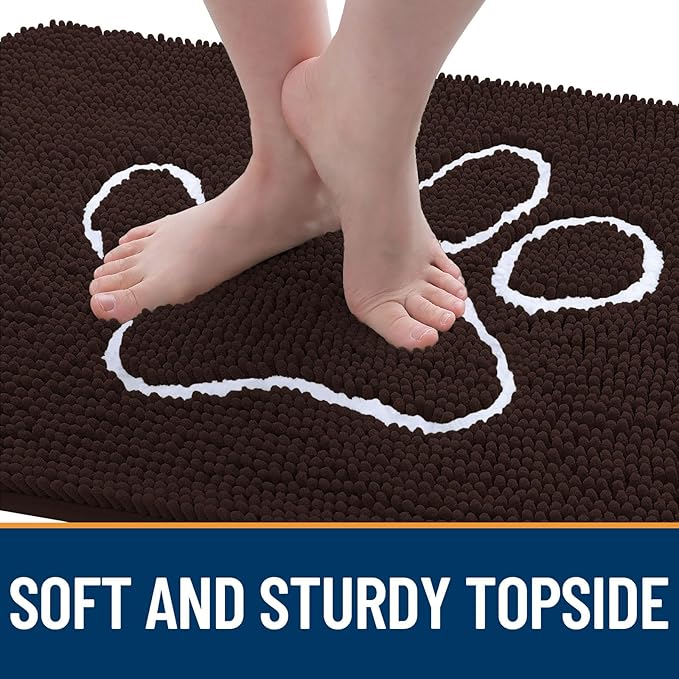 OLANLY Dog Door Mat for Muddy Paws 47x20, Paw Print Design, Absorbs Moisture and Dirt, Absorbent Non-Slip Washable Doormat, Quick Dry Chenille Mud Mat for Dogs, Entry Indoor Entryway Carpet, Brown