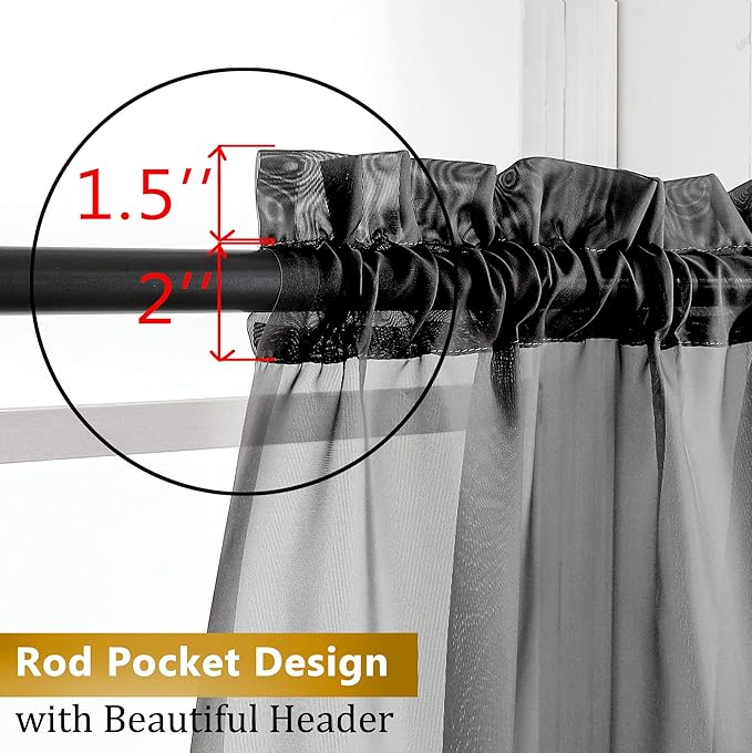 Aiyufeng Black Sheer Curtains for Windows 54 inch Long 2 Panel Set, Rod Pocket Soft Voile Sheer Classic Window Treatment with Light Through for Bedroom/Living Room, 40W x 54L, 2-Pack