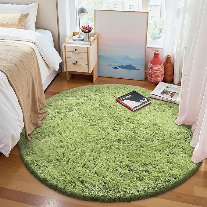 OLANLY Grass Green Round Rugs for Bedroom - Machine Washable, 5 ft Circle Area Rugs for Living Room, Soft and Fluffy Shaggy Carpet for Teen Girls and Boys, Nursery Rooms, Dorms, Home Decor Aesthetic